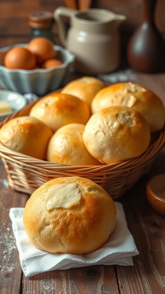 A basket of golden brown homemade yeast rolls brushed with butter on a wooden table.